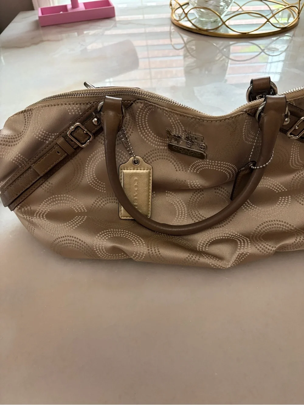 Coach Beige Signature Quilted Satchel with Brown Leather Trim